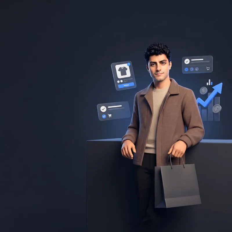 Ecommerce specialist with a shopping bag and conversion dashboard.